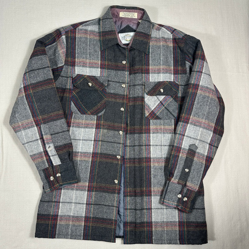 VTG Northwest Territory Shirt Jacket Mens M Grey Plaid Quilted Wool Blend